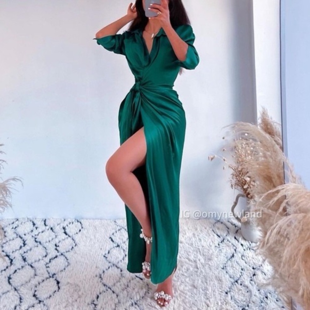 Zara Deep Green Satin Wrap Maxi Dress